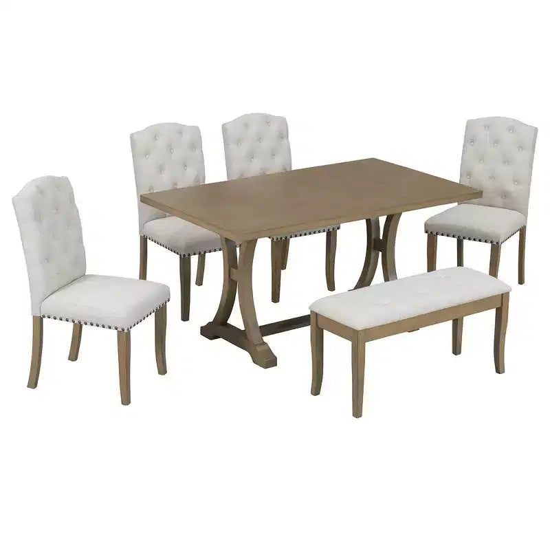 Set da pranzo Whisen in stile rustico, 6 pezzi con 4 sedie imbottite e panca per sala da pranzo