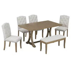 Set da pranzo Whisen in stile rustico, 6 pezzi con 4 sedie imbottite e panca per sala da pranzo