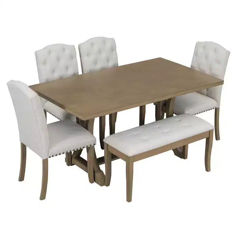 Set da pranzo Whisen in stile rustico, 6 pezzi con 4 sedie imbottite e panca per sala da pranzo