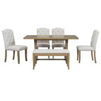 Set da pranzo Whisen in stile rustico, 6 pezzi con 4 sedie imbottite e panca per sala da pranzo
