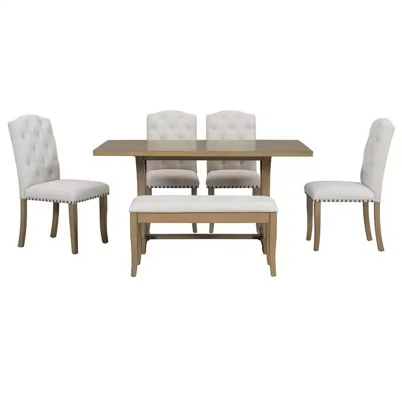 Set da pranzo Whisen in stile rustico, 6 pezzi con 4 sedie imbottite e panca per sala da pranzo
