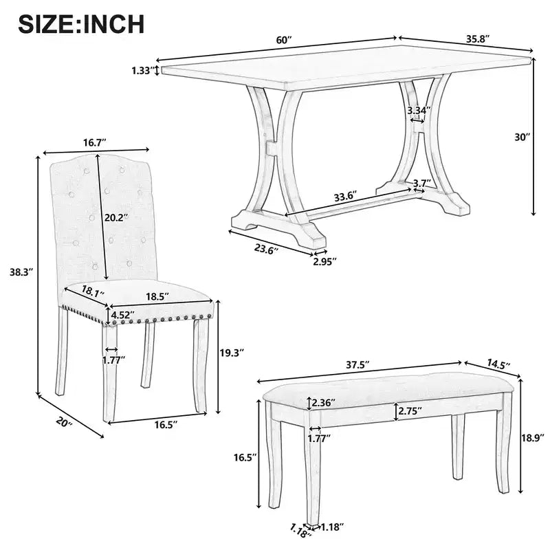 Set da pranzo Whisen in stile rustico, 6 pezzi con 4 sedie imbottite e panca per sala da pranzo