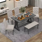 Set da pranzo Whisen in stile rustico, 6 pezzi con 4 sedie imbottite e panca per sala da pranzo