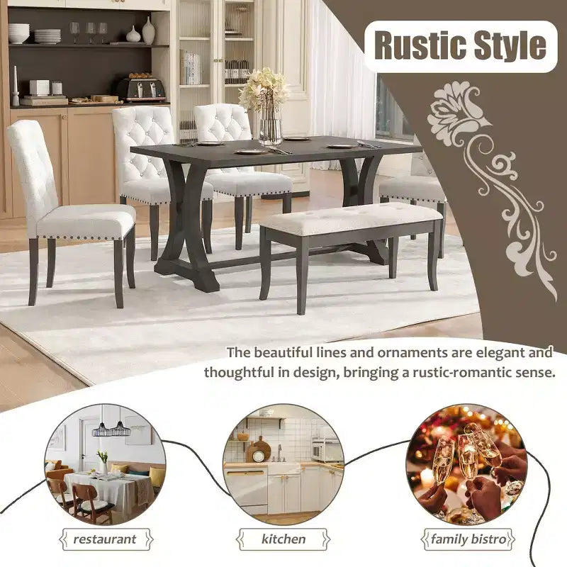 Set da pranzo Whisen in stile rustico, 6 pezzi con 4 sedie imbottite e panca per sala da pranzo