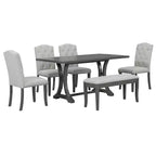 Set da pranzo Whisen in stile rustico, 6 pezzi con 4 sedie imbottite e panca per sala da pranzo