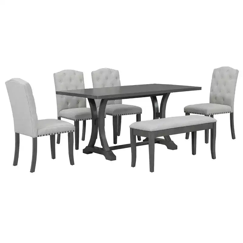 Set da pranzo Whisen in stile rustico, 6 pezzi con 4 sedie imbottite e panca per sala da pranzo