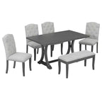 Set da pranzo Whisen in stile rustico, 6 pezzi con 4 sedie imbottite e panca per sala da pranzo