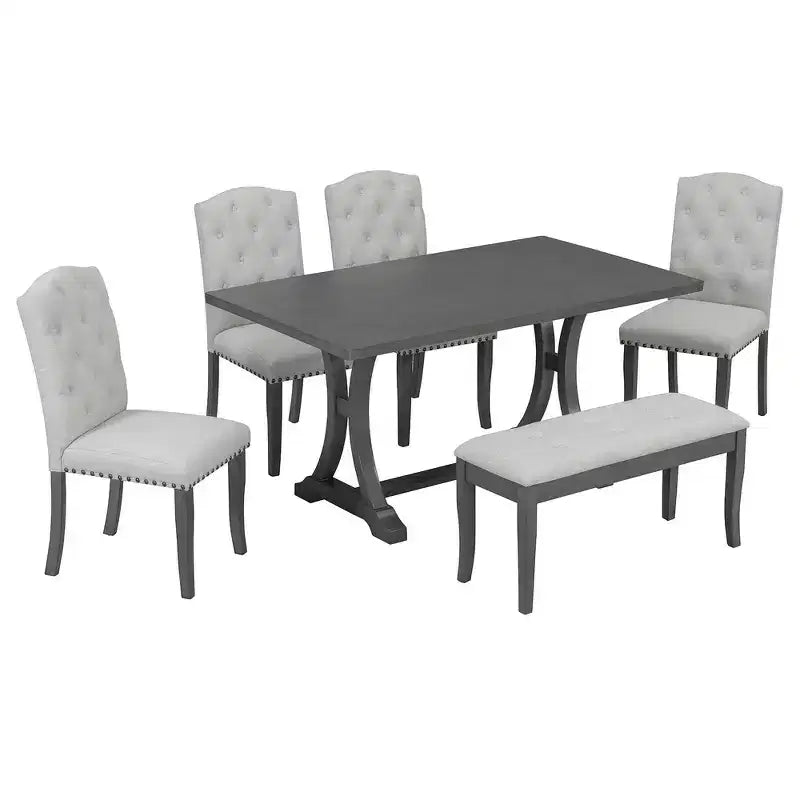 Set da pranzo Whisen in stile rustico, 6 pezzi con 4 sedie imbottite e panca per sala da pranzo
