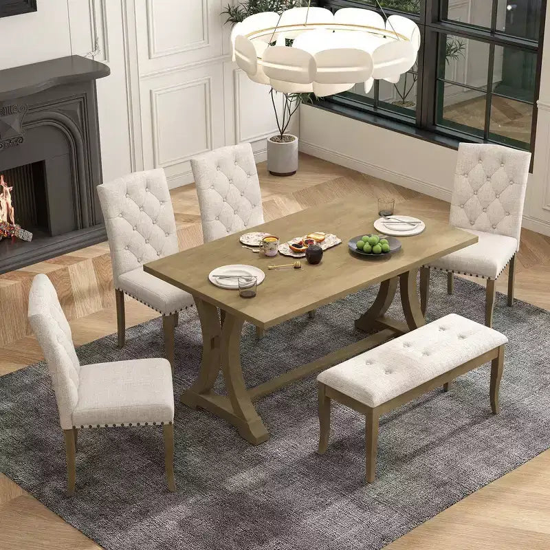 Set da pranzo Whisen in stile rustico, 6 pezzi con 4 sedie imbottite e panca per sala da pranzo
