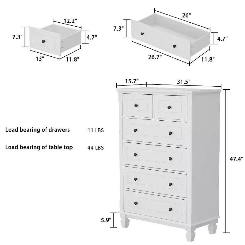 Cassettiera Hitow White Classic a 6 cassetti con gambe robuste e maniglie in metallo