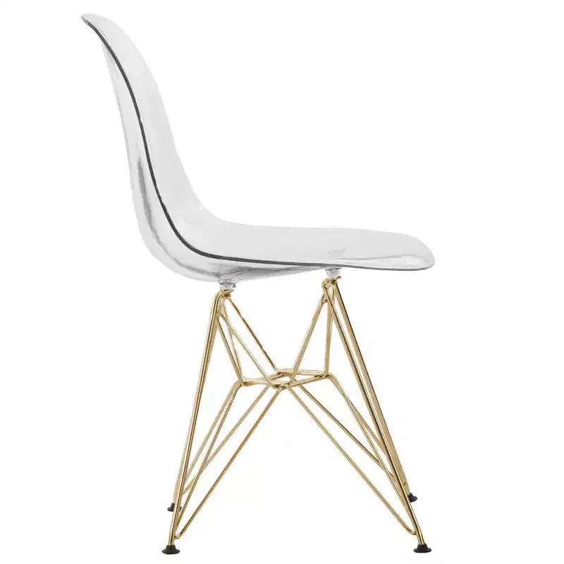 LeisureMod Cresco Sedia da pranzo moderna in acrilico con base Eiffel in cromo dorato, elegante sedia d'accento per sala da pranzo, cucina o ufficio contemporanei