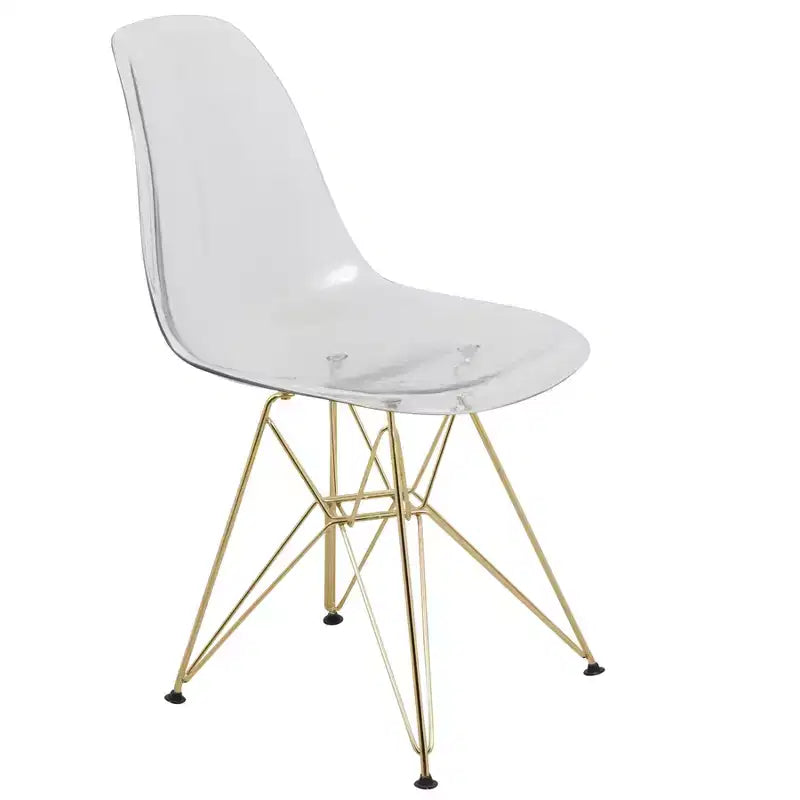 LeisureMod Cresco Modern Acrylic Dining Chair with Eiffel Gold Chrome Base, Stylish Accent Chair for Contemporary Dining Room, Kitchen, or Office