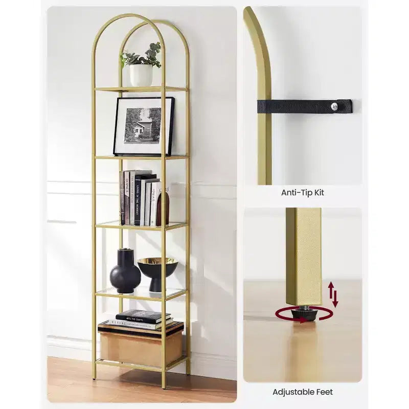 VASAGLE Scaffale a 5 Ripiani, Unità Scaffale in Vetro Temperato, Design ad Arco