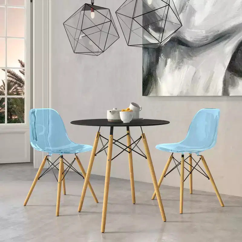 LeisureMod Dover Set da Pranzo 3 Pezzi Tavolo Bistro Rotondo in MDF Nero con 2 Sedie in Plastica, Cucina Moderna, Sala da Pranzo, Spazi Piccoli, Sedute da Caffetteria
