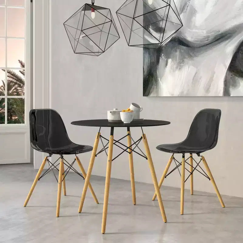 LeisureMod Dover Set da Pranzo 3 Pezzi Tavolo Bistro Rotondo in MDF Nero con 2 Sedie in Plastica, Cucina Moderna, Sala da Pranzo, Spazi Piccoli, Sedute da Caffetteria