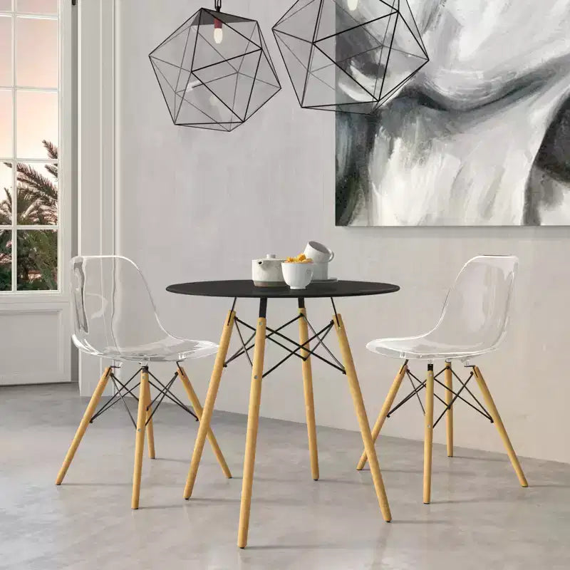 LeisureMod Dover Set da Pranzo 3 Pezzi Tavolo Bistro Rotondo in MDF Nero con 2 Sedie in Plastica, Cucina Moderna, Sala da Pranzo, Spazi Piccoli, Sedute da Caffetteria