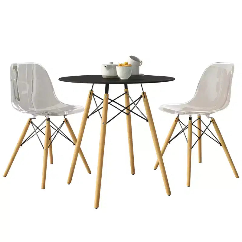 LeisureMod Dover Set da Pranzo 3 Pezzi Tavolo Bistro Rotondo in MDF Nero con 2 Sedie in Plastica, Cucina Moderna, Sala da Pranzo, Spazi Piccoli, Sedute da Caffetteria