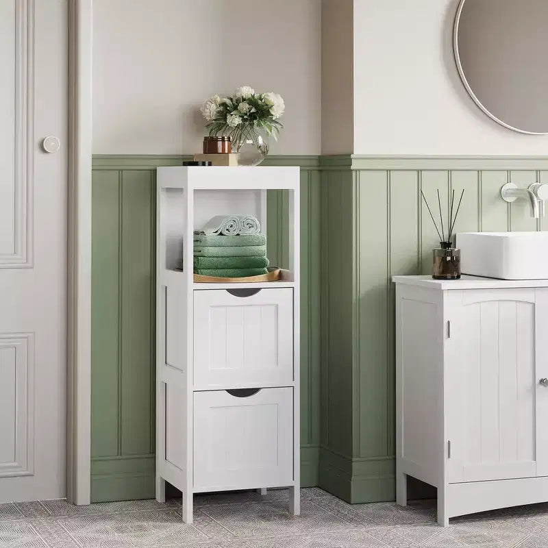 Modern Floor Cabinet with 2 Drawers and Open Shelf - White Freestanding Storage Organizer