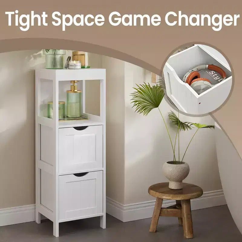 Mobiletto moderno da pavimento con 2 cassetti e ripiano aperto - Organizer portaoggetti indipendente bianco