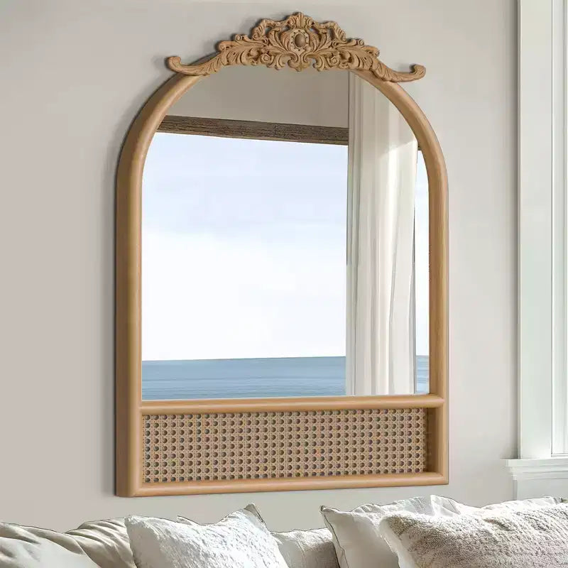 Natural Wood Base Woven Rattan Carved Arch Wall Mirror, 91x61cm, Tempered Glass