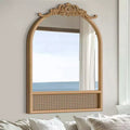 Natural Wood Base Woven Rattan Carved Arch Wall Mirror, 91x61cm, Tempered Glass