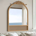 Natural Wood Base Woven Rattan Carved Arch Wall Mirror, 91x61cm, Tempered Glass