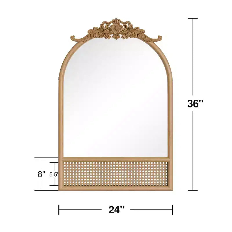 Specchio da parete ad arco intagliato in rattan intrecciato con base in legno naturale, 91x61 cm, vetro temperato