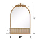 Specchio da parete ad arco intagliato in rattan intrecciato con base in legno naturale, 91x61 cm, vetro temperato