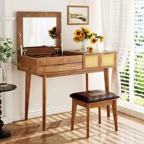 43W Dressing Table Vanity Table Makeup Table Set with Cushioned Stool, Flip-top Mirror, 3 Drawers and Storage Compartment, White/Brown-ModernLuxe