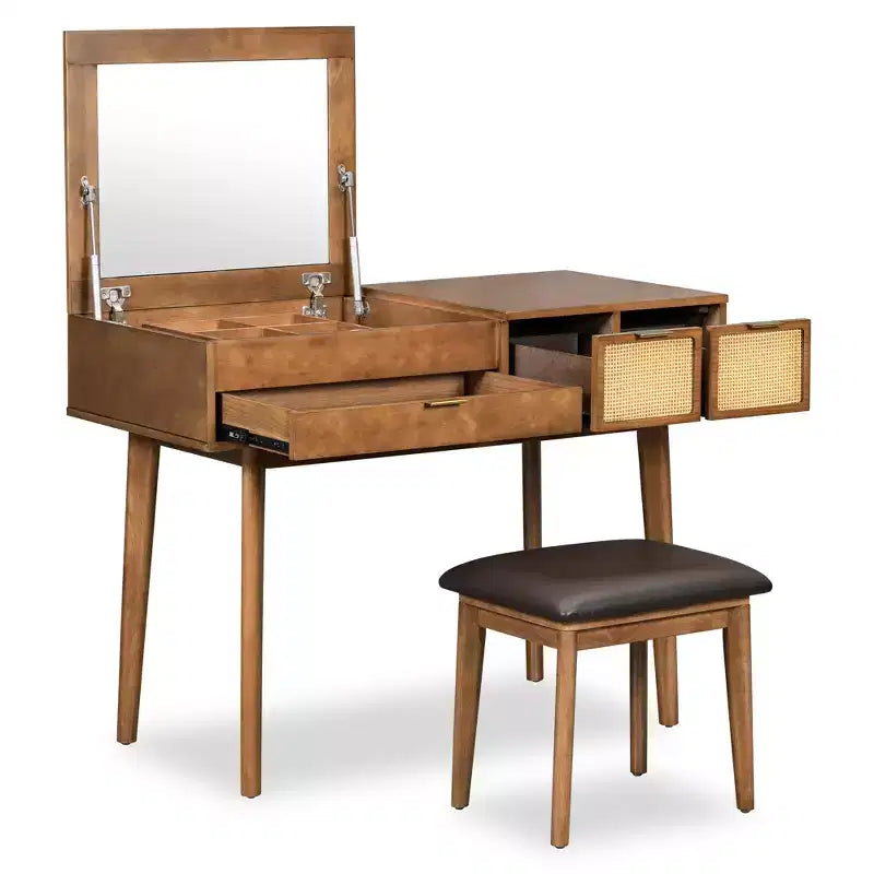Set da toletta con specchio ribaltabile, 3 cassetti e vano portaoggetti, bianco/marrone-ModernLuxe, 43W