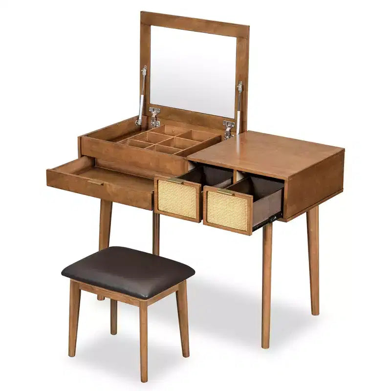 Set da toletta con specchio ribaltabile, 3 cassetti e vano portaoggetti, bianco/marrone-ModernLuxe, 43W