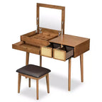 Set da toletta con specchio ribaltabile, 3 cassetti e vano portaoggetti, bianco/marrone-ModernLuxe, 43W