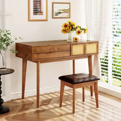 Set da toletta con specchio ribaltabile, 3 cassetti e vano portaoggetti, bianco/marrone-ModernLuxe, 43W