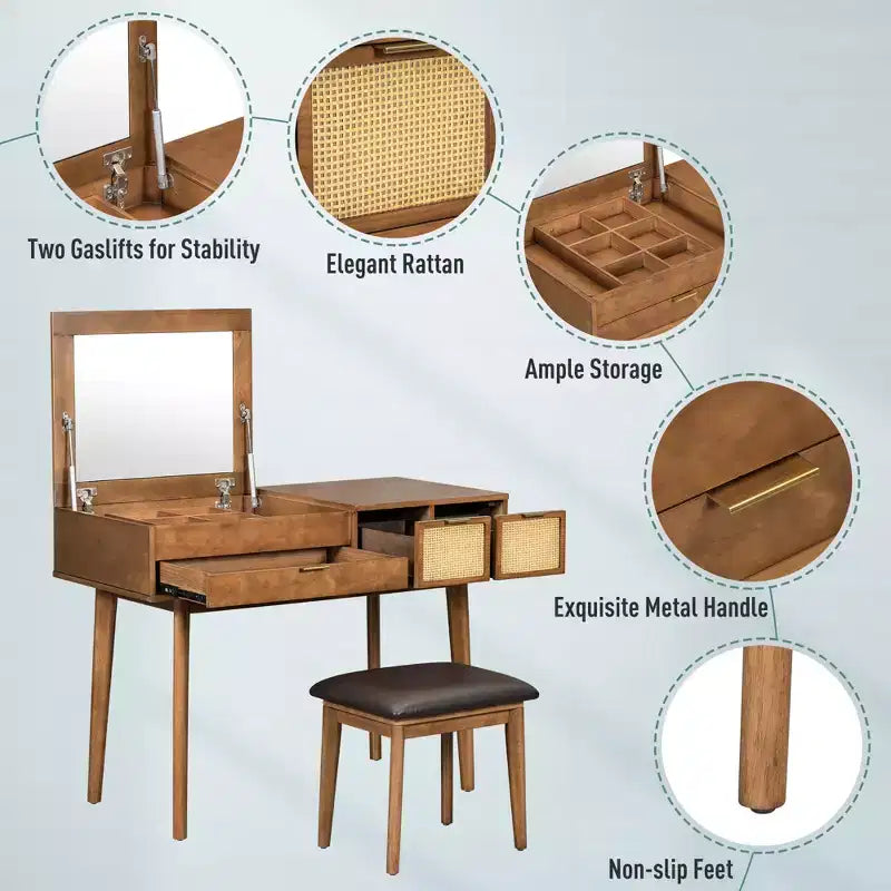 Set da toletta con specchio ribaltabile, 3 cassetti e vano portaoggetti, bianco/marrone-ModernLuxe, 43W