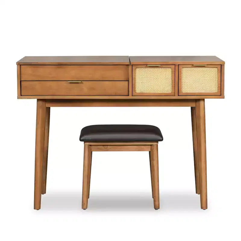 Set da toletta con specchio ribaltabile, 3 cassetti e vano portaoggetti, bianco/marrone-ModernLuxe, 43W