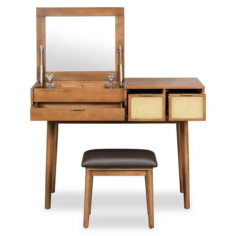 Set da toletta con specchio ribaltabile, 3 cassetti e vano portaoggetti, bianco/marrone-ModernLuxe, 43W