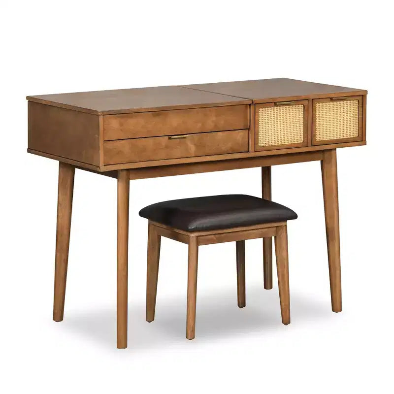 Set da toletta con specchio ribaltabile, 3 cassetti e vano portaoggetti, bianco/marrone-ModernLuxe, 43W