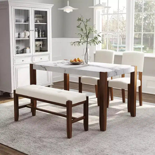 4-Piece/5 Piece Modern Dining Table Set Dining Set Space-Saving Dinette with Faux Marble Table, 2 Upholstered Chairs and Bench, White+Brown-ModernLuxe