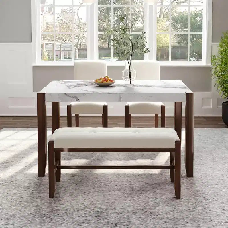 Set da pranzo moderno di 4/5 pezzi Set da pranzo salvaspazio con tavolo in finto marmo, 2 sedie imbottite e panca, bianco+marrone-ModernLuxe
