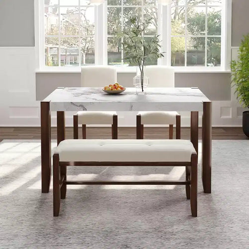 Ensemble de salle à manger 4/5 pièces moderne, table à manger peu encombrante avec plateau en faux marbre, 2 chaises rembourrées et un banc, blanc+marron-ModernLuxe