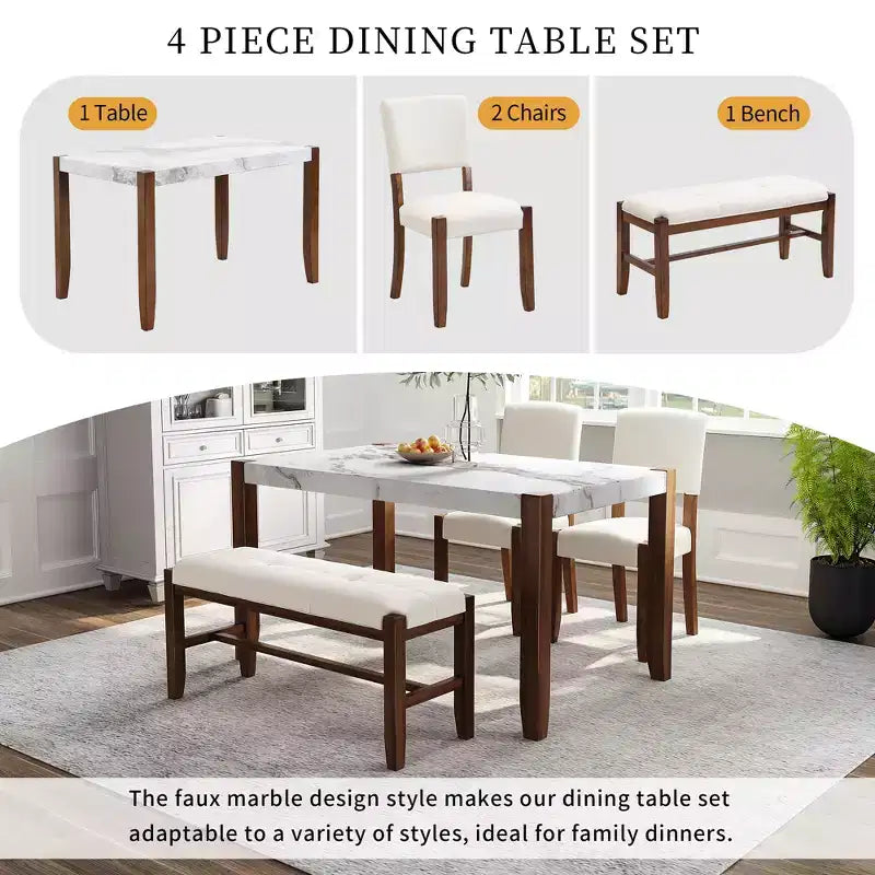 Set da pranzo moderno di 4/5 pezzi Set da pranzo salvaspazio con tavolo in finto marmo, 2 sedie imbottite e panca, bianco+marrone-ModernLuxe