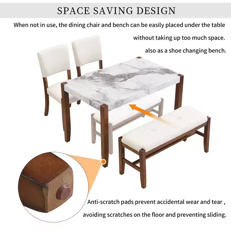 Set da pranzo moderno di 4/5 pezzi Set da pranzo salvaspazio con tavolo in finto marmo, 2 sedie imbottite e panca, bianco+marrone-ModernLuxe