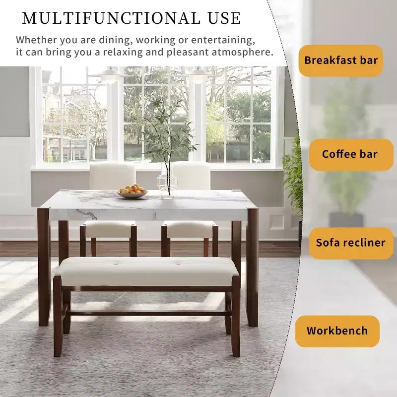 Set da pranzo moderno di 4/5 pezzi Set da pranzo salvaspazio con tavolo in finto marmo, 2 sedie imbottite e panca, bianco+marrone-ModernLuxe