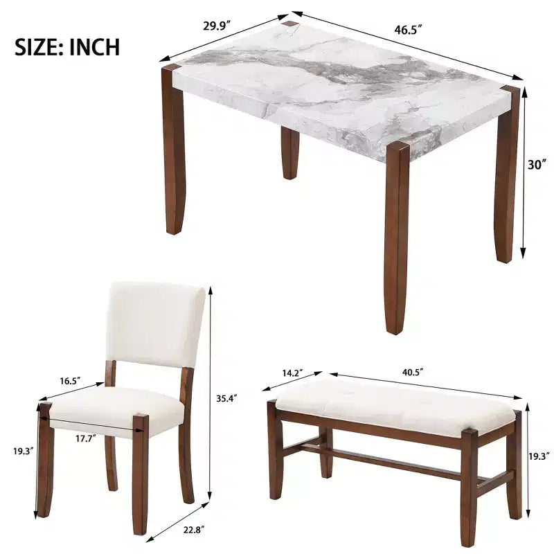 Set da pranzo moderno di 4/5 pezzi Set da pranzo salvaspazio con tavolo in finto marmo, 2 sedie imbottite e panca, bianco+marrone-ModernLuxe