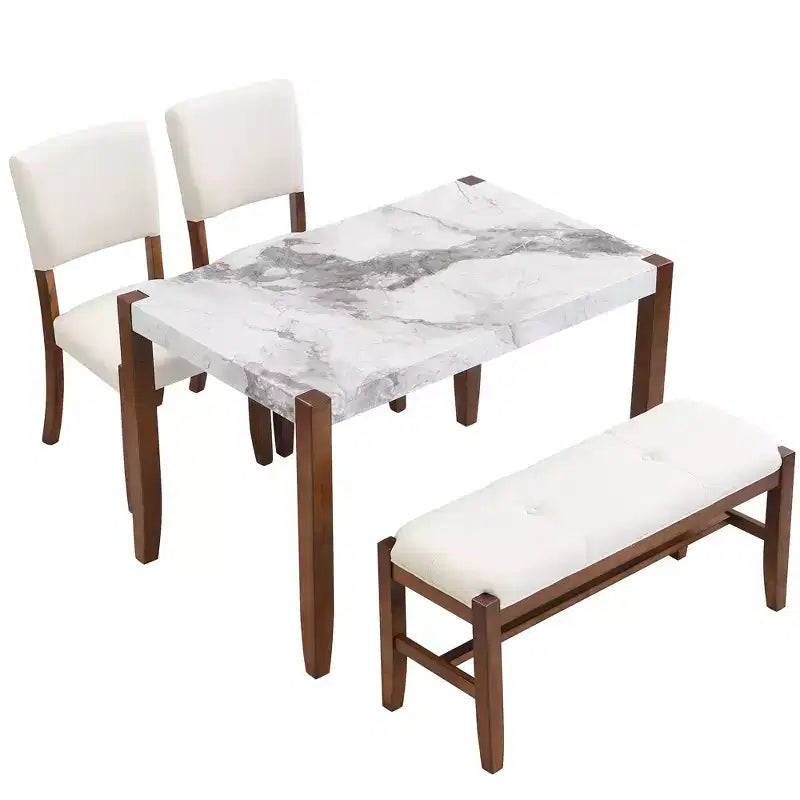 Set da pranzo moderno di 4/5 pezzi Set da pranzo salvaspazio con tavolo in finto marmo, 2 sedie imbottite e panca, bianco+marrone-ModernLuxe