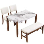 Set da pranzo moderno di 4/5 pezzi Set da pranzo salvaspazio con tavolo in finto marmo, 2 sedie imbottite e panca, bianco+marrone-ModernLuxe
