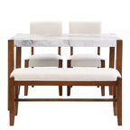 Set da pranzo moderno di 4/5 pezzi Set da pranzo salvaspazio con tavolo in finto marmo, 2 sedie imbottite e panca, bianco+marrone-ModernLuxe