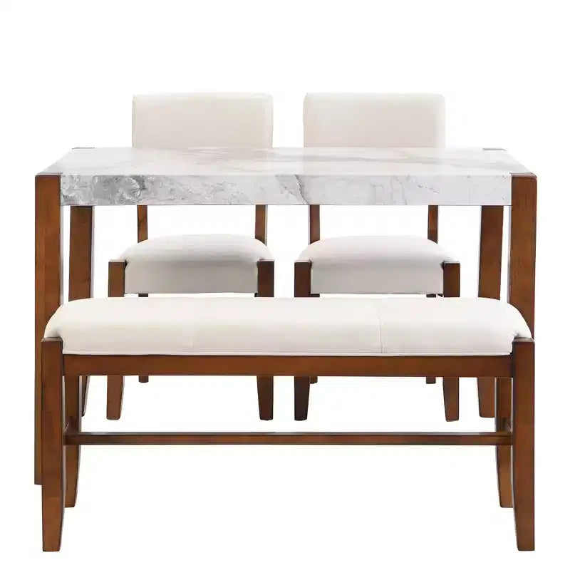 Set da pranzo moderno di 4/5 pezzi Set da pranzo salvaspazio con tavolo in finto marmo, 2 sedie imbottite e panca, bianco+marrone-ModernLuxe