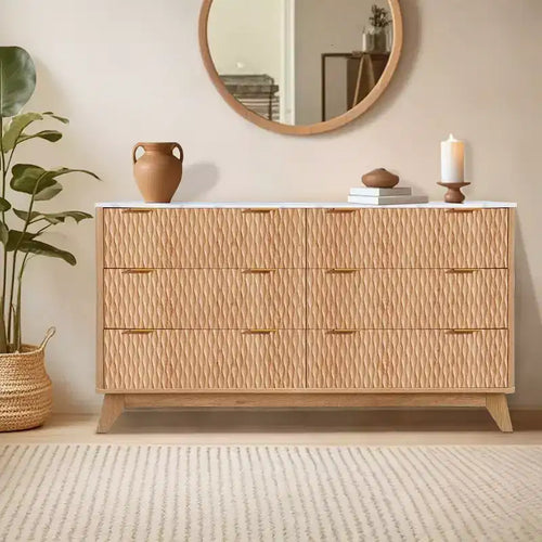 6 Drawer Dresser for Bedroom, White Dresser for Bedroom, 54 Drip Pattern Six-Drawer Chest with Faux Marble Top, Baby Dresser for nursery