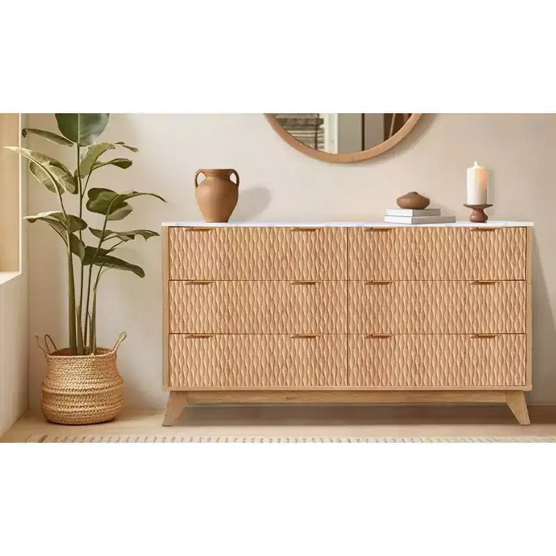 Comò a 6 cassetti per camera da letto, Comò bianco per camera da letto, Cassettiera a sei cassetti con motivo a goccia 54 con ripiano in finto marmo, Comò per bambini per cameretta